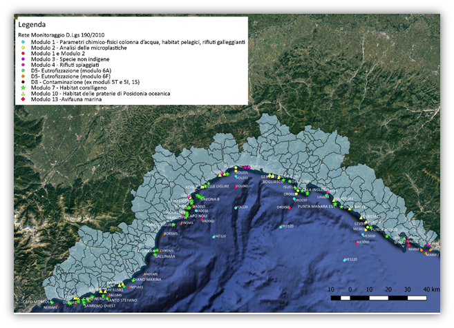 Stazioni di monitoraggio dei moduli tecnico operativi previsti, dalla Strategia Marina, per la Liguria