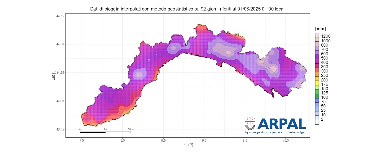 Mappa della pioggia cumulata in Liguria da marzo a maggio 2025